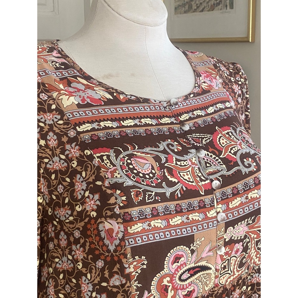Tribal dress Brown Paisley Floral Tiered‎ Midi Dress Long Sleeve Boho Size L - Picture 3 of 8